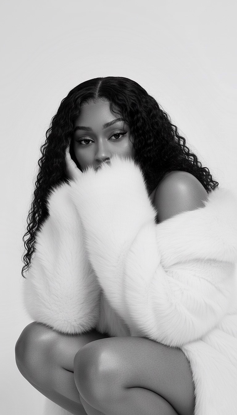 Woman with curly hair wearing a fluffy white sweater, resting her chin on her hands, looking at the camera.