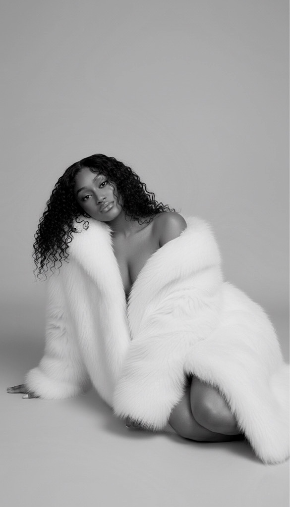Woman with curly hair sitting on the floor, wrapped in a white fur coat, against a plain background.