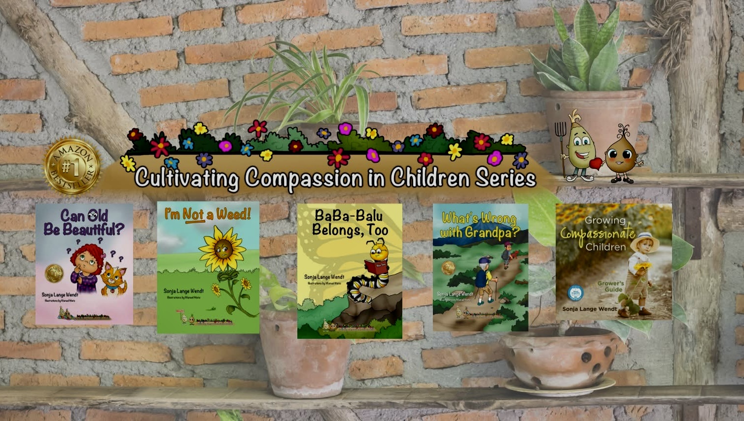 Display of children's books on a brick wall shelf with potted plants above, colorful banner, and a small bowl below.
