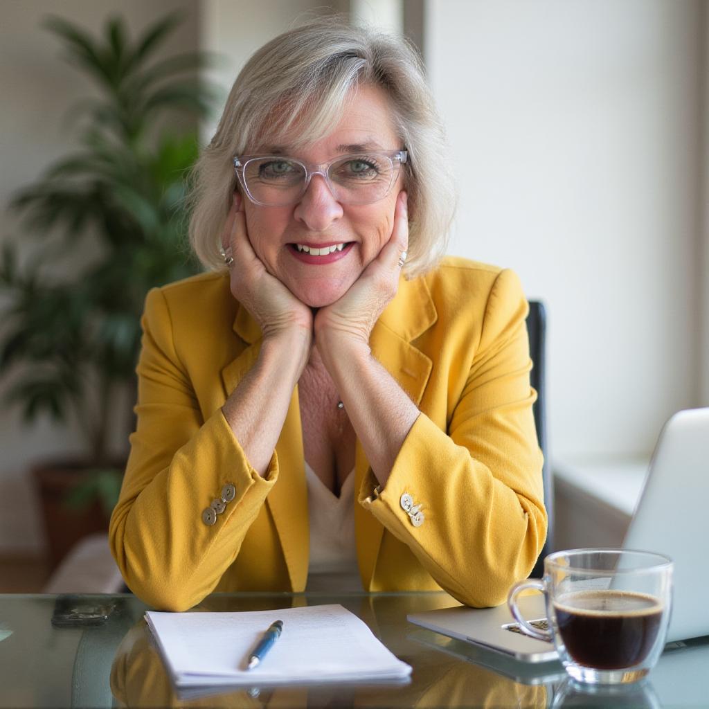 A smiling woman with glasses and gray hair, wearing a yellow blazer, sitting at a desk with a notebook, pen, and coffee.