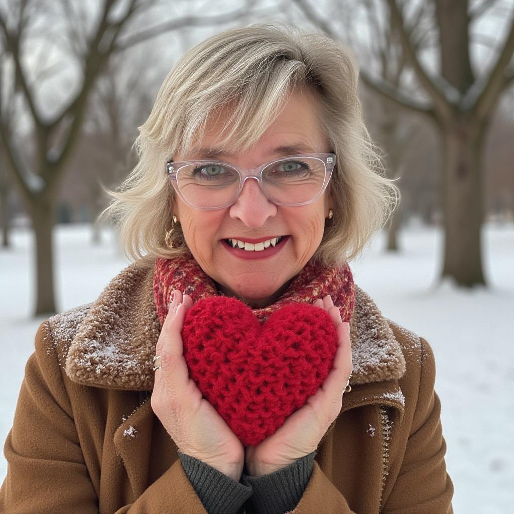 Woman outdoors holding a red crocheted heart, smiling, winter background with snow and trees.