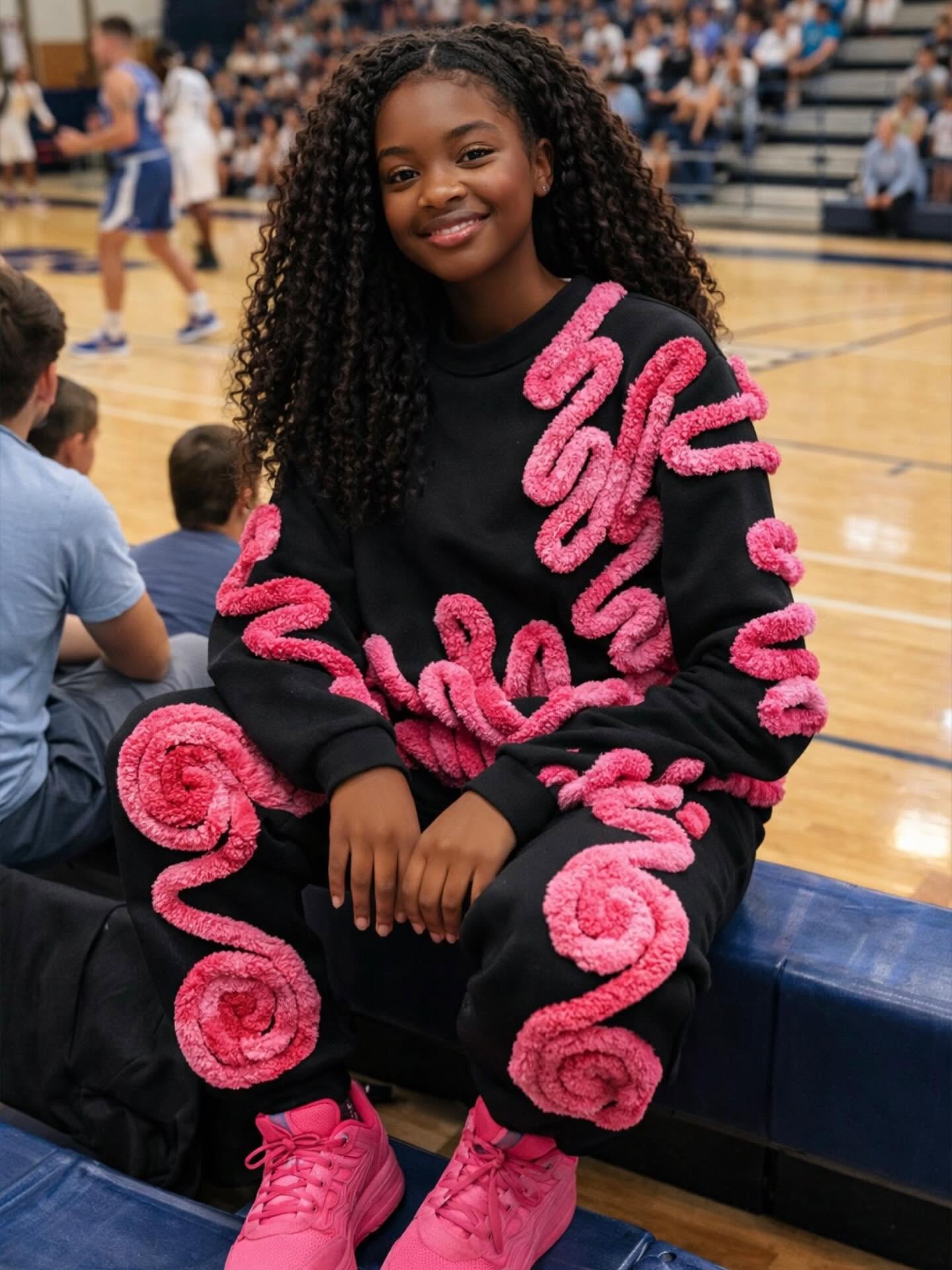 Young girl with curly hair sitting on a bench in a gymnasium, smiling, wearing a black sweatshirt with pink designs, pink shoes.