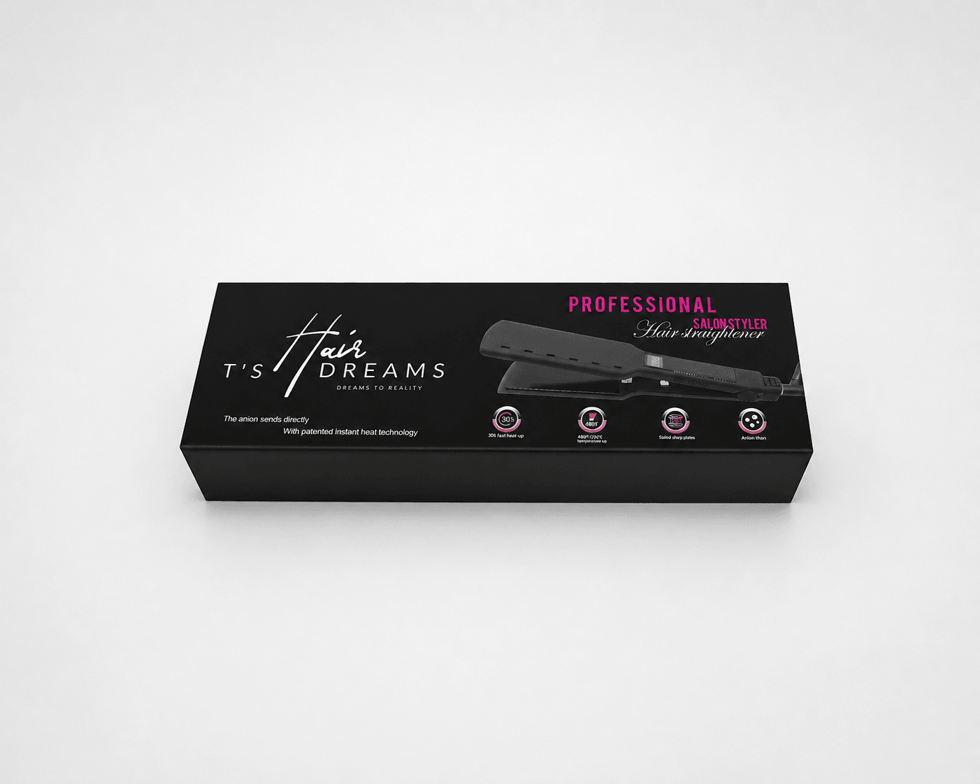 Black rectangular box with product branding and images, labeled as professional hair styling tool, on a white background.