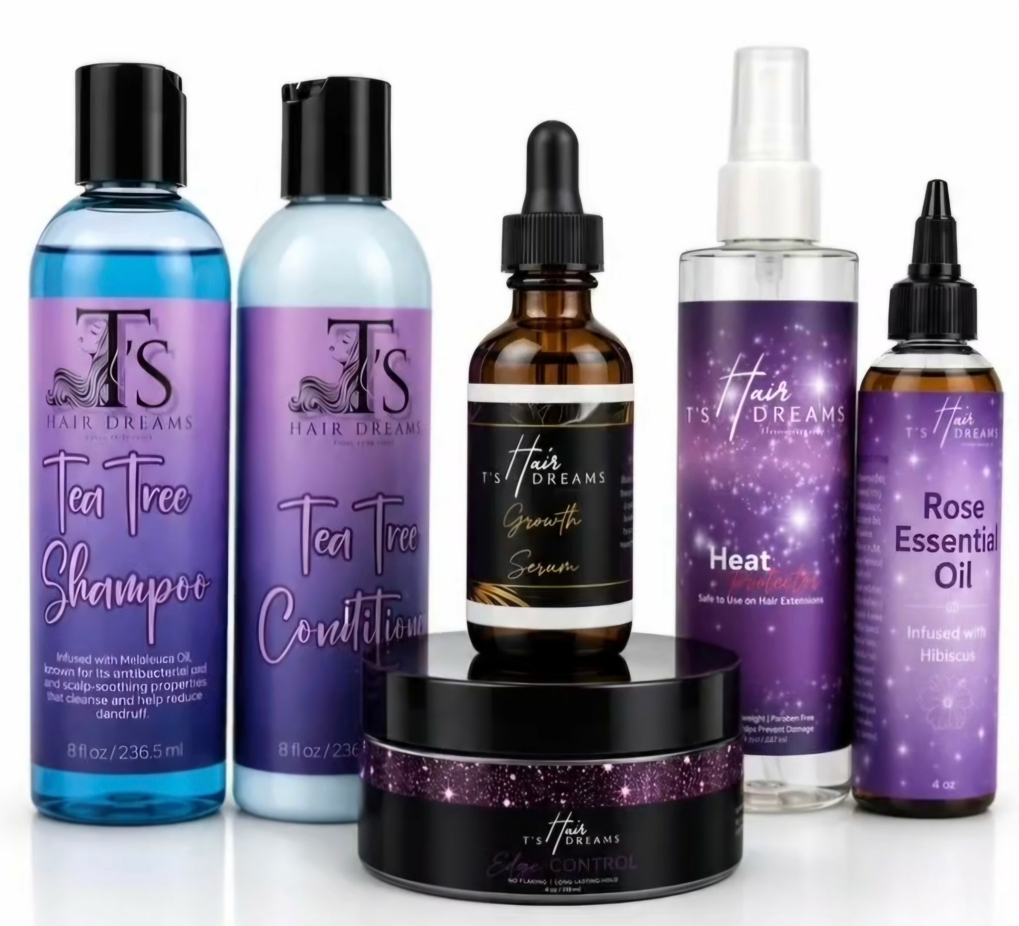 Collection of hair care products including shampoo, conditioner, serum, heat spray, and essential oil bottles, arranged on a white background.