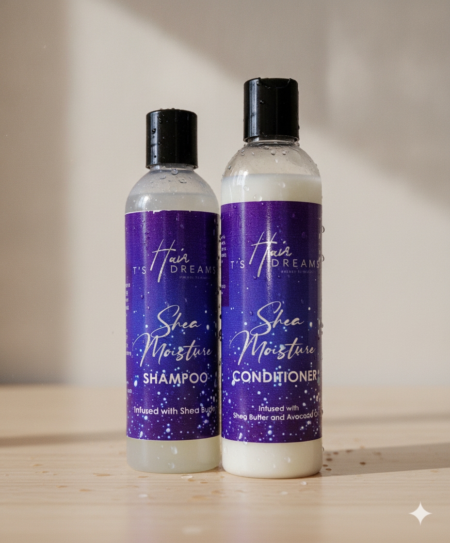 Two bottles of hair care products, shampoo and conditioner, with purple labels and black caps, placed on a wooden surface.