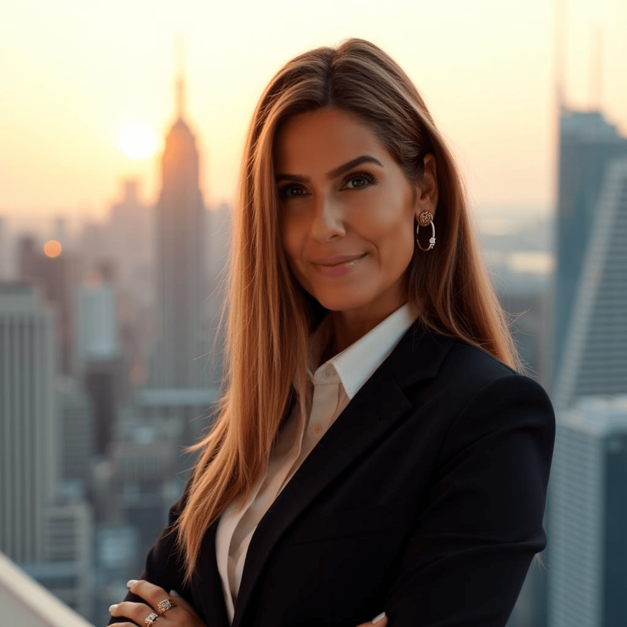 Woman with long hair in a suit standing on a balcony with city skyline at sunset.
