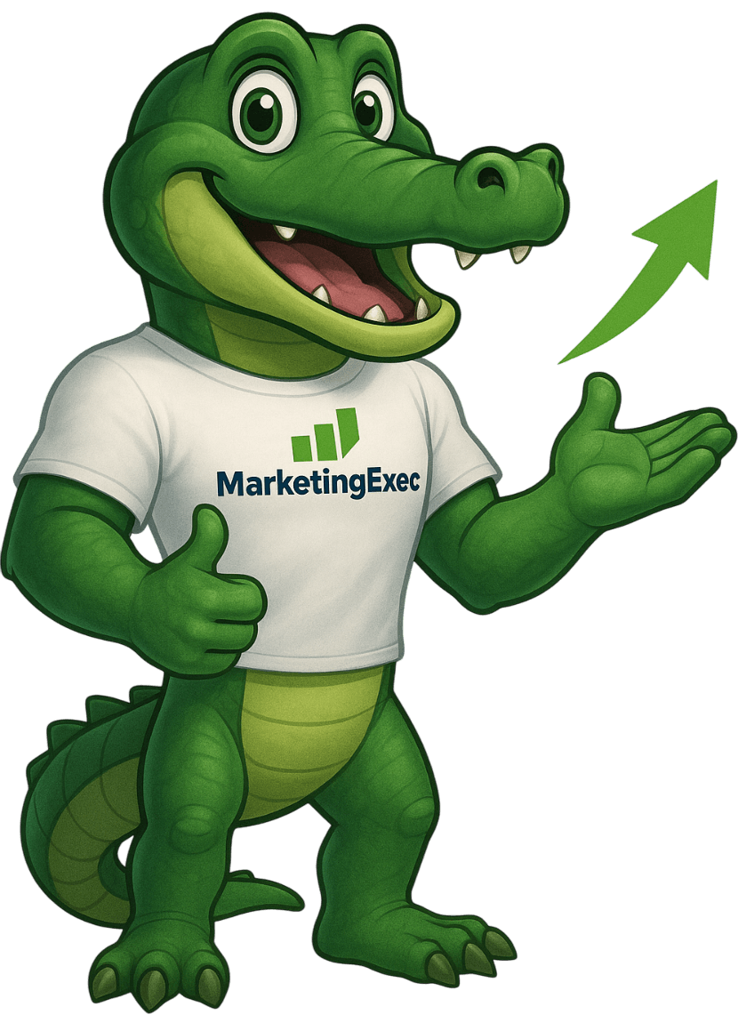 Cartoon crocodile wearing a white shirt with 'MarketingExec' logo, smiling, holding a green upward arrow, black background.