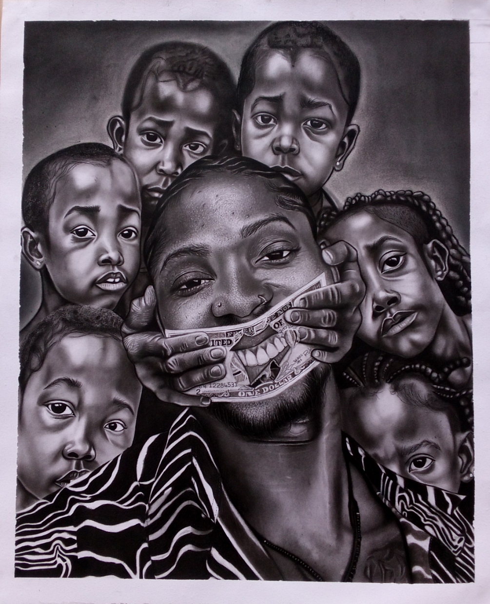 Black and white drawing of a person with a face mask surrounded by six children, all with expressive faces.