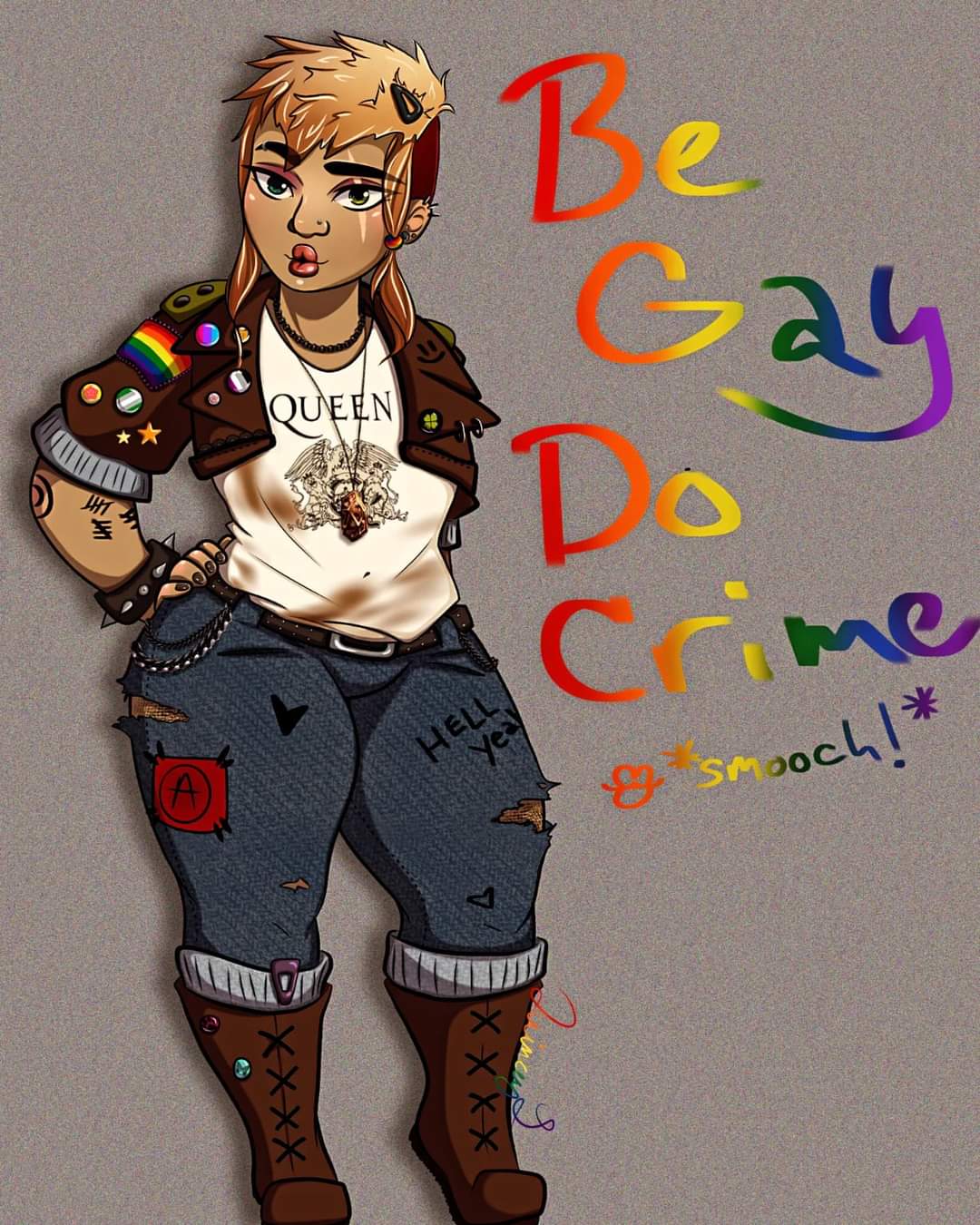 Illustration of a person with short hair, wearing a rainbow jacket, ripped jeans, and boots, with colorful text reading 'Be Gay Do Crime'.