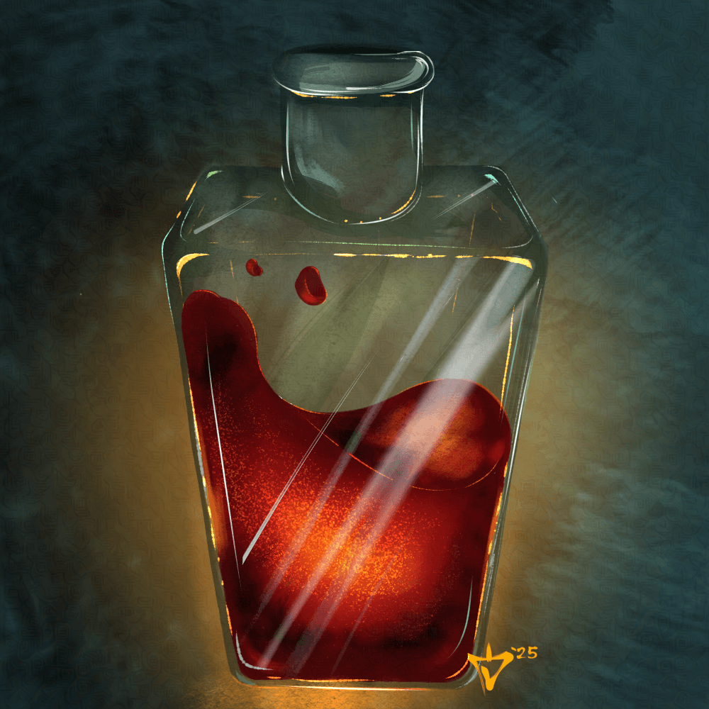 A glass bottle with a red liquid inside, glowing and emitting light, against a dark background.