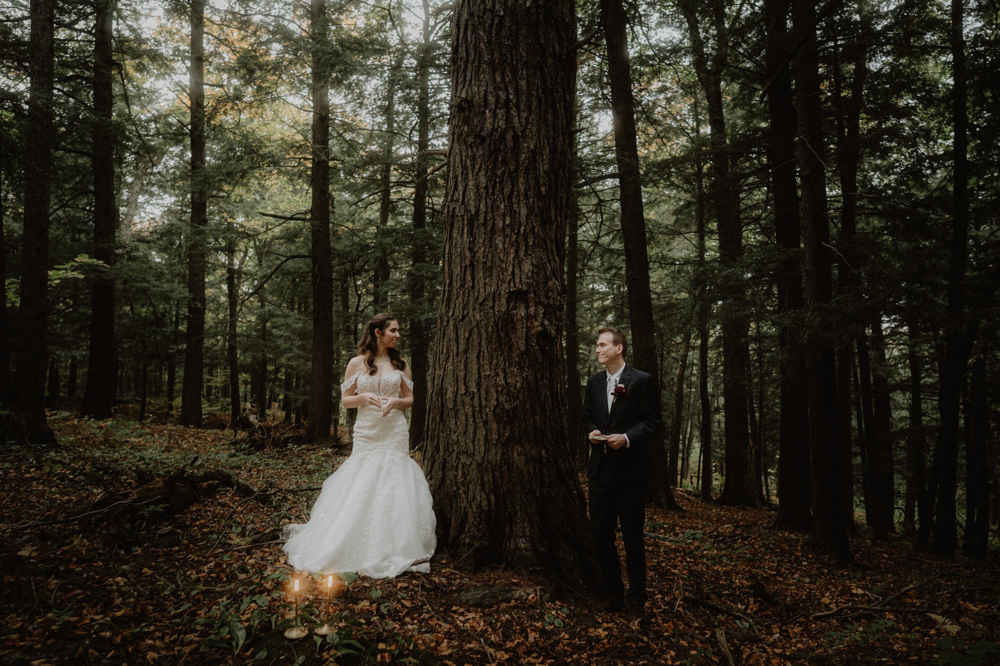 A bride in a white wedding dress and a groom in a suit stand in a forest near a large tree.