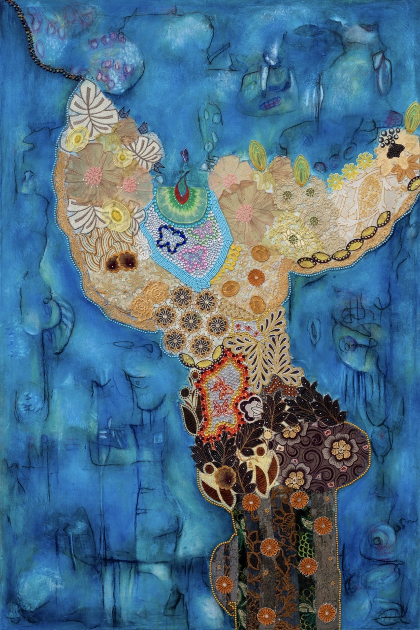 Abstract animal figure with floral and geometric patterns on a blue background.