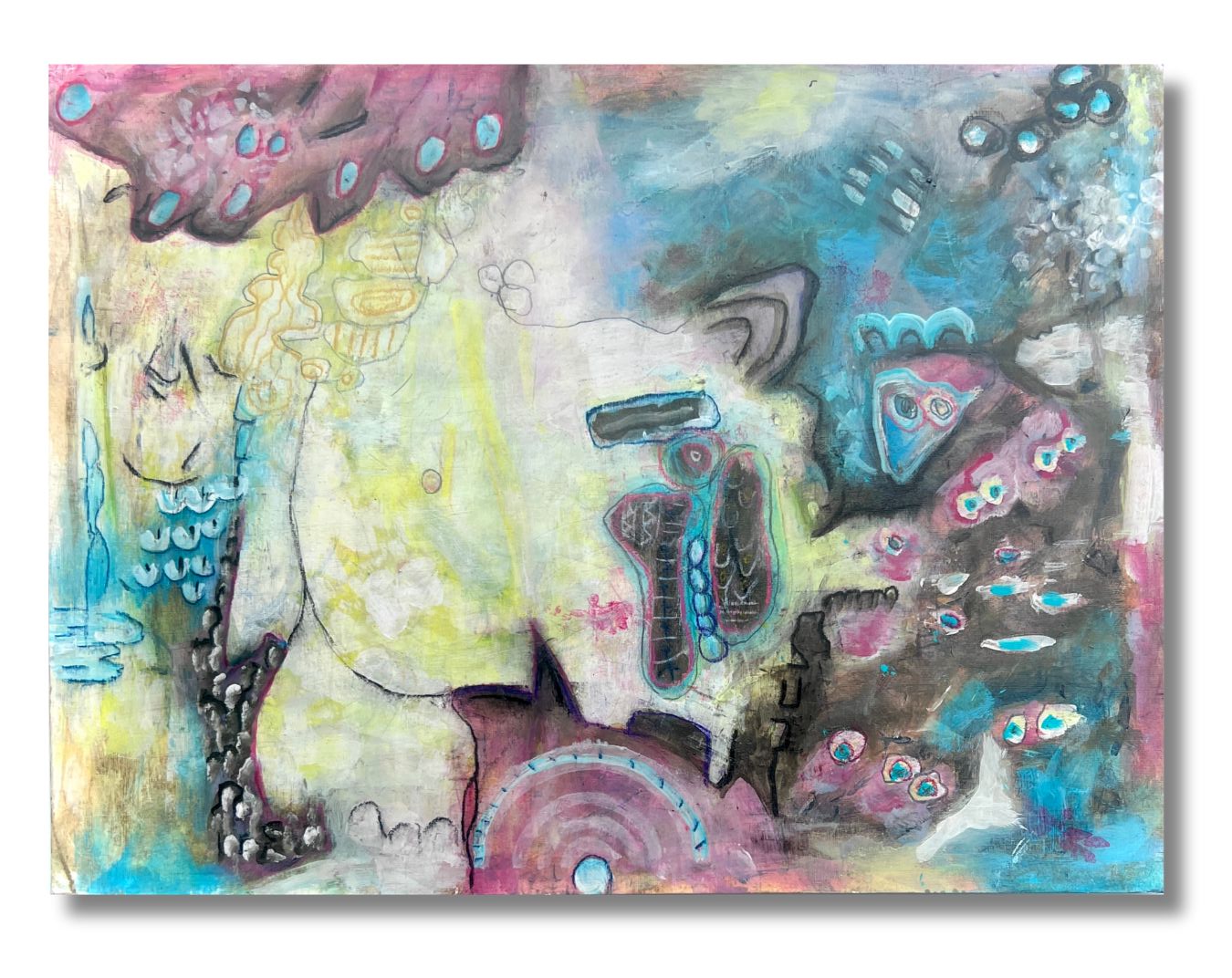 Abstract watercolor painting with pastel colors, shapes, and patterns resembling underwater scenery or a fantasy landscape.