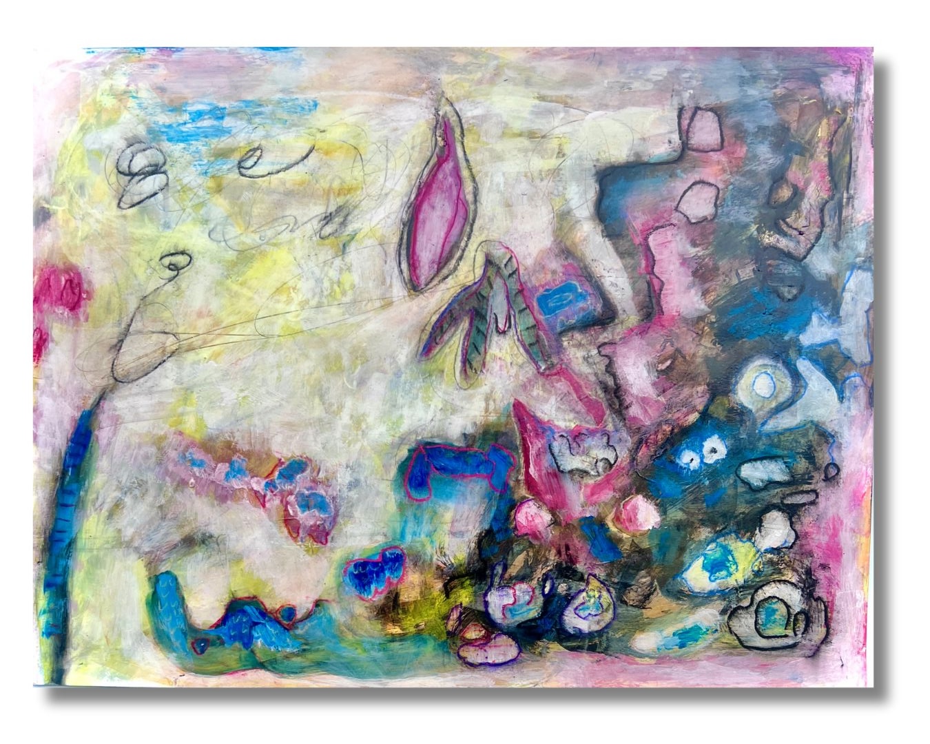 Abstract watercolor painting with pink, blue, yellow, and purple shapes and brushstrokes, some resembling figures or objects.