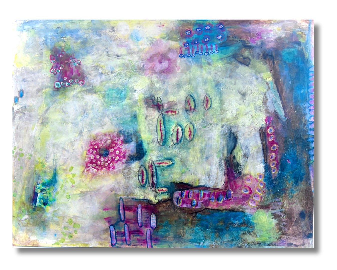 Abstract painting with colorful shapes and patterns, including pink, blue, and purple elements on a light background.