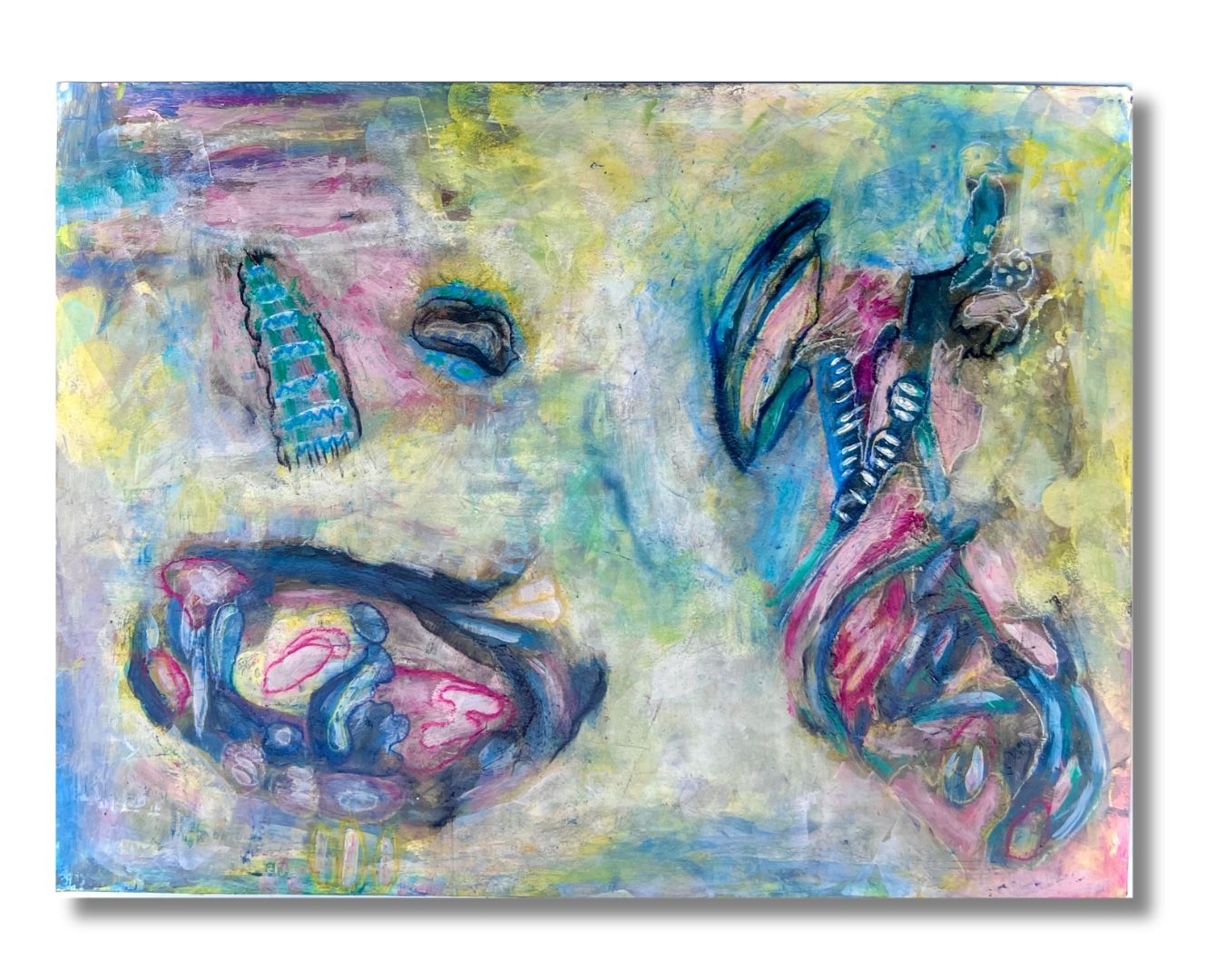 Abstract painting with colorful shapes and brushstrokes, featuring pink, blue, and yellow hues on a light background.