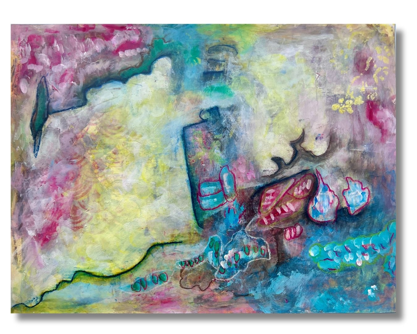 Abstract painting with colorful shapes, lines, and textures, featuring a mix of pink, yellow, blue, and purple hues.