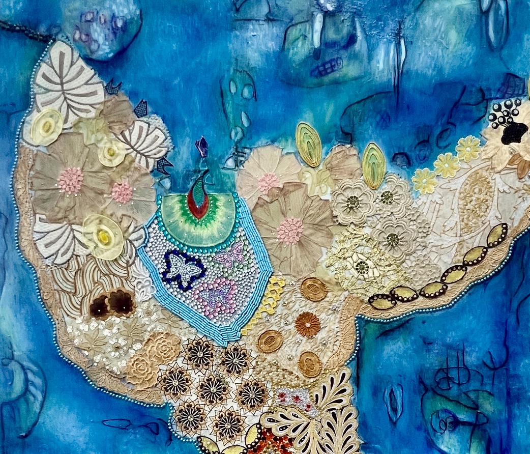 Colorful abstract artwork with floral and organic patterns on a blue background.
