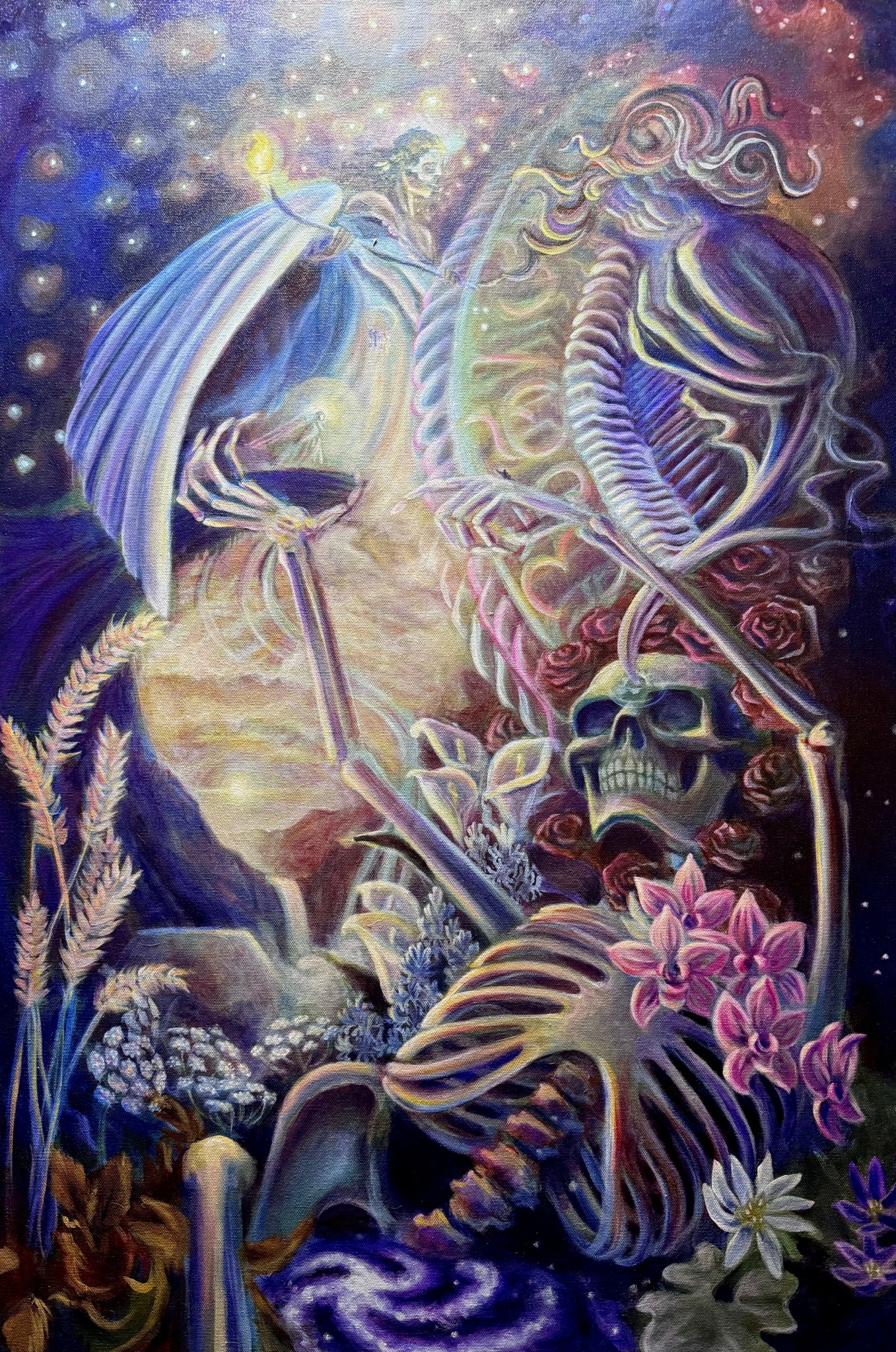 Fantasy scene with a dragon, skeleton, flowers, and cosmic background, featuring vibrant colors and intricate details.