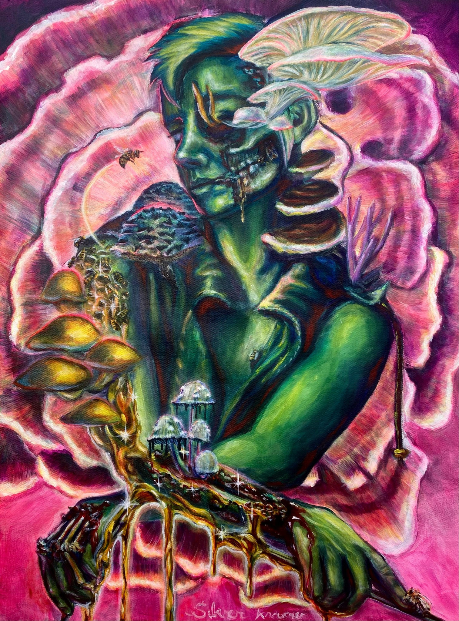 Abstract surreal painting with a green face, flowing pink and purple clouds, and a landscape with trees and mushrooms.