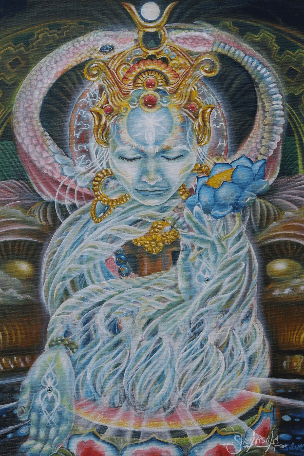 A detailed, colorful depiction of a divine figure with a serene face, adorned with intricate jewelry and a snake, holding a lotus flower.