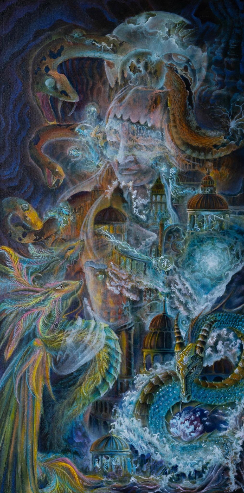 A detailed fantasy scene with dragons, waterfalls, and mystical elements in vibrant colors.