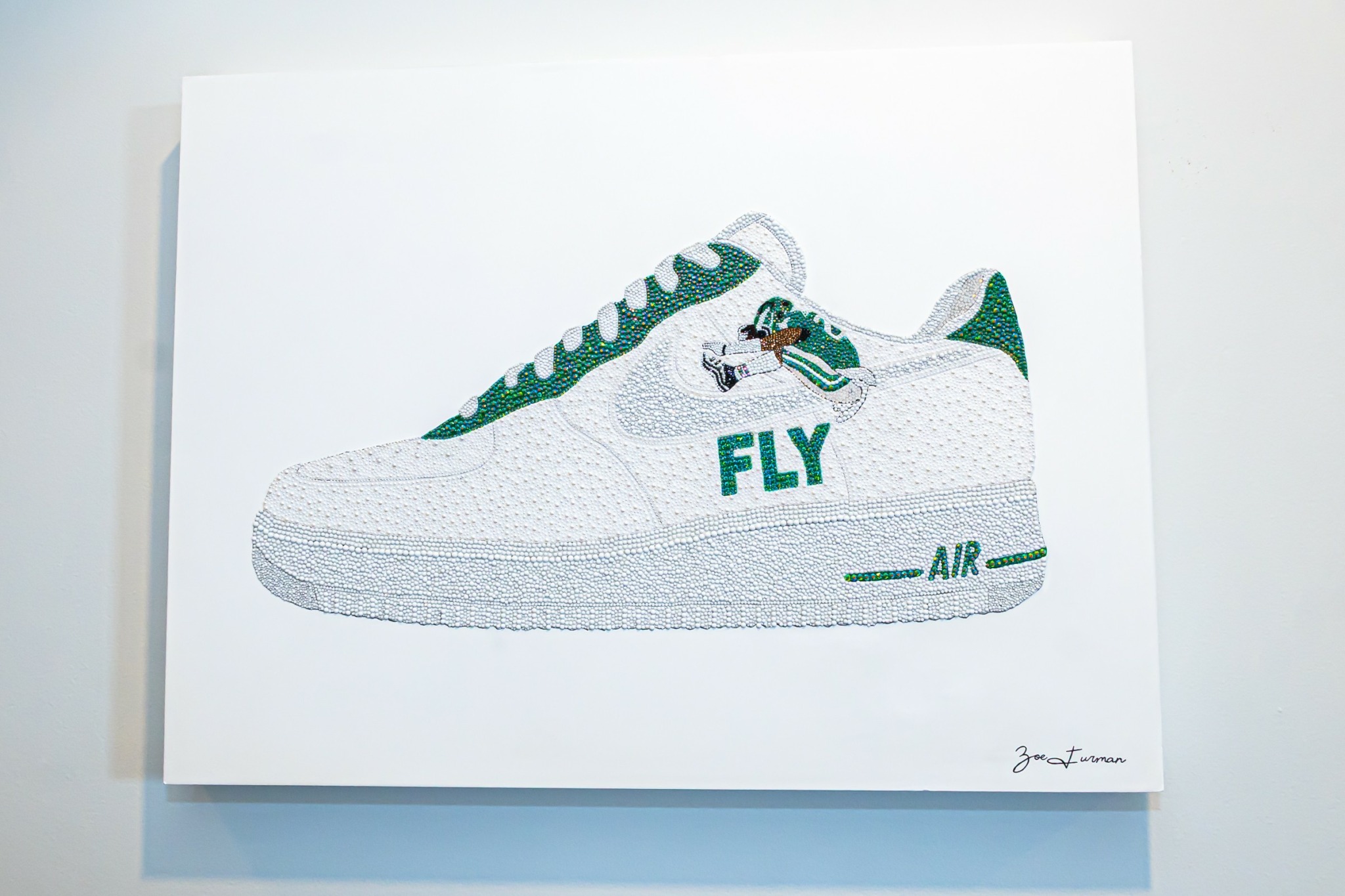 Drawing of a white sneaker with green accents, the word 'FLY' on the side, and 'AIR' on the sole.