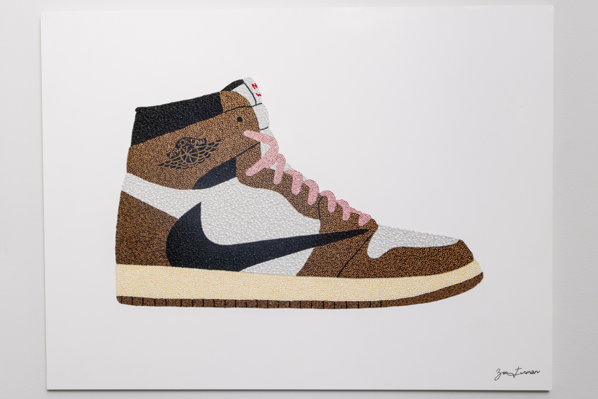 Drawing of a sneaker with a high-top design, Nike logo, pink laces, and brown, white, and black colors.