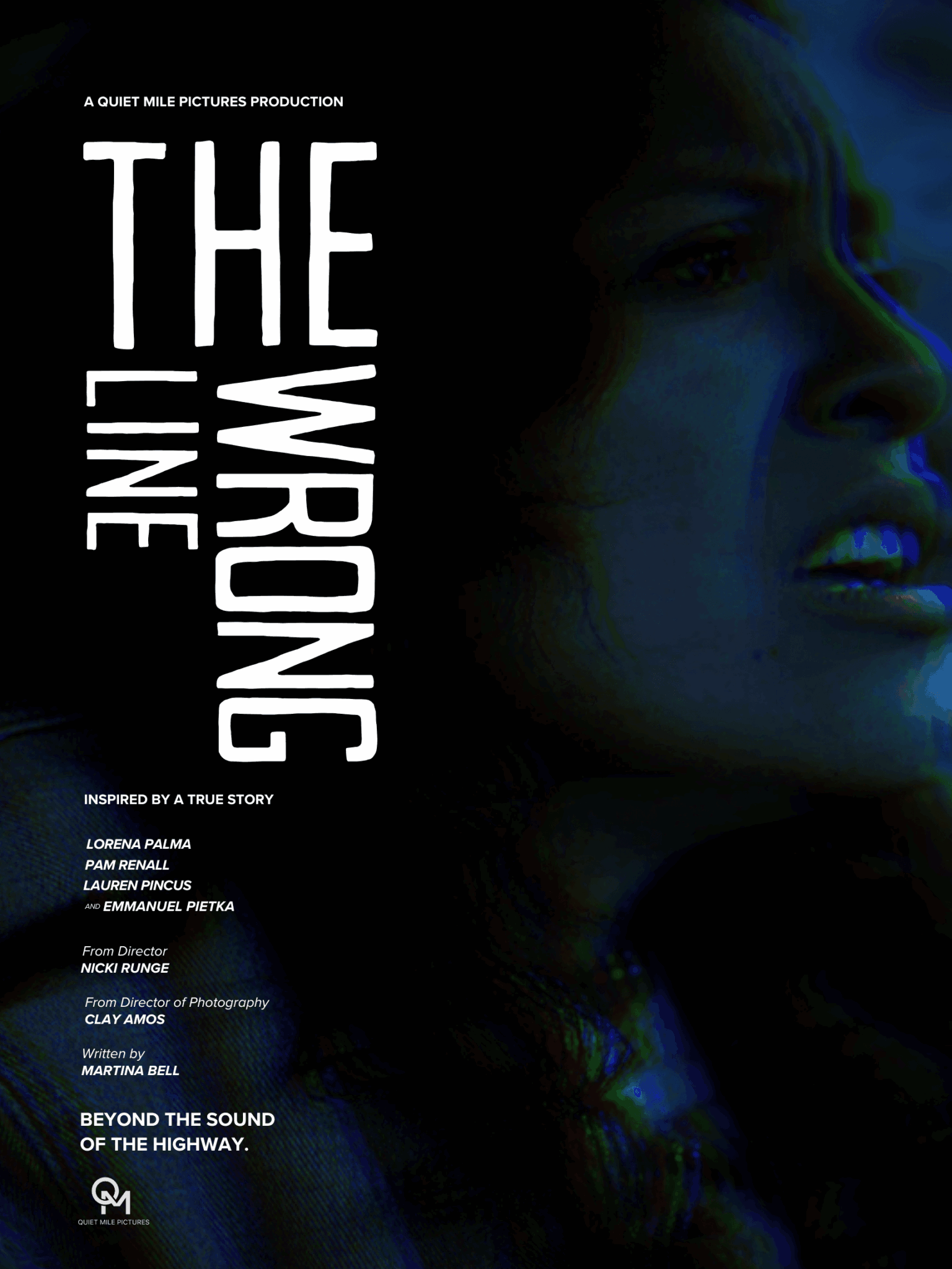 Close-up of a woman's face with a serious expression, dark background, and blue lighting, with text about a story and production details.