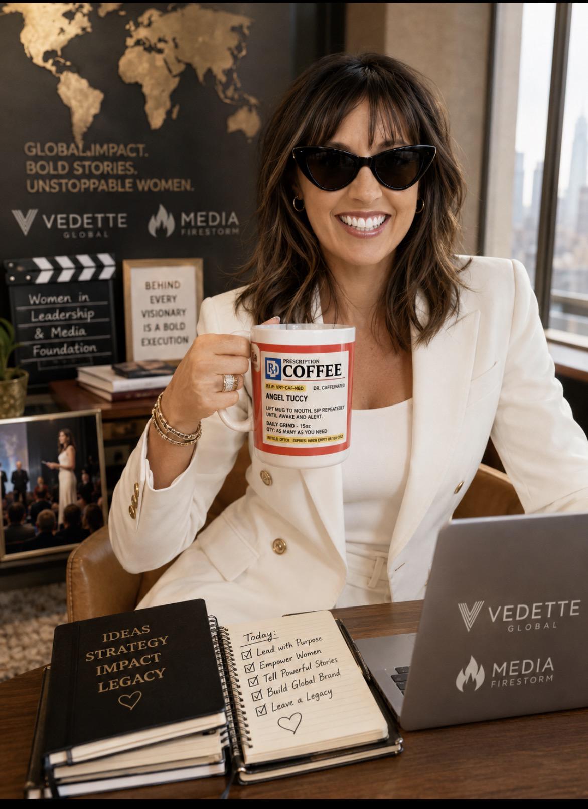 Woman with sunglasses smiling, holding a coffee mug, sitting at a desk with a laptop and notebooks, in a room with a world map and posters.