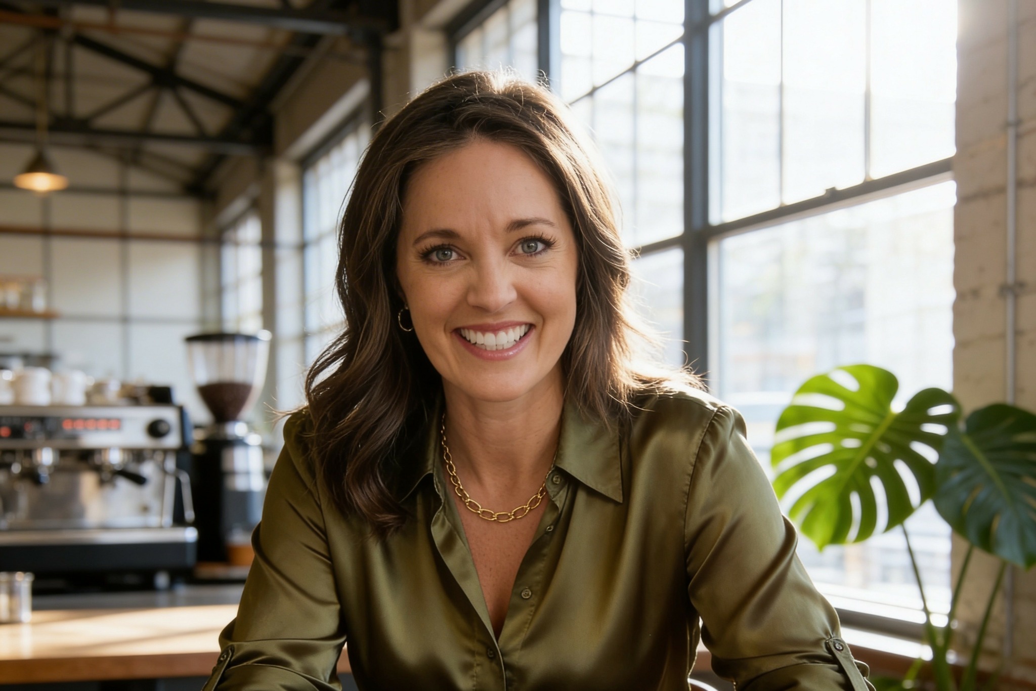 Woman with shoulder-length brown hair smiling, wearing a green satin blouse, in a bright cafe with large windows and a plant.
