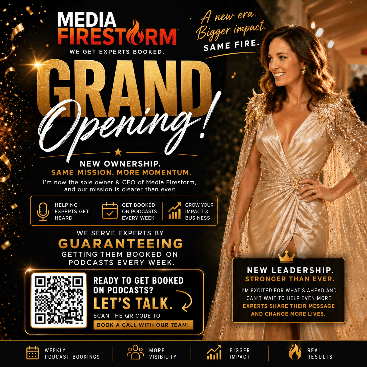 Woman in a gold dress at grand opening event, smiling, with event banners in background.