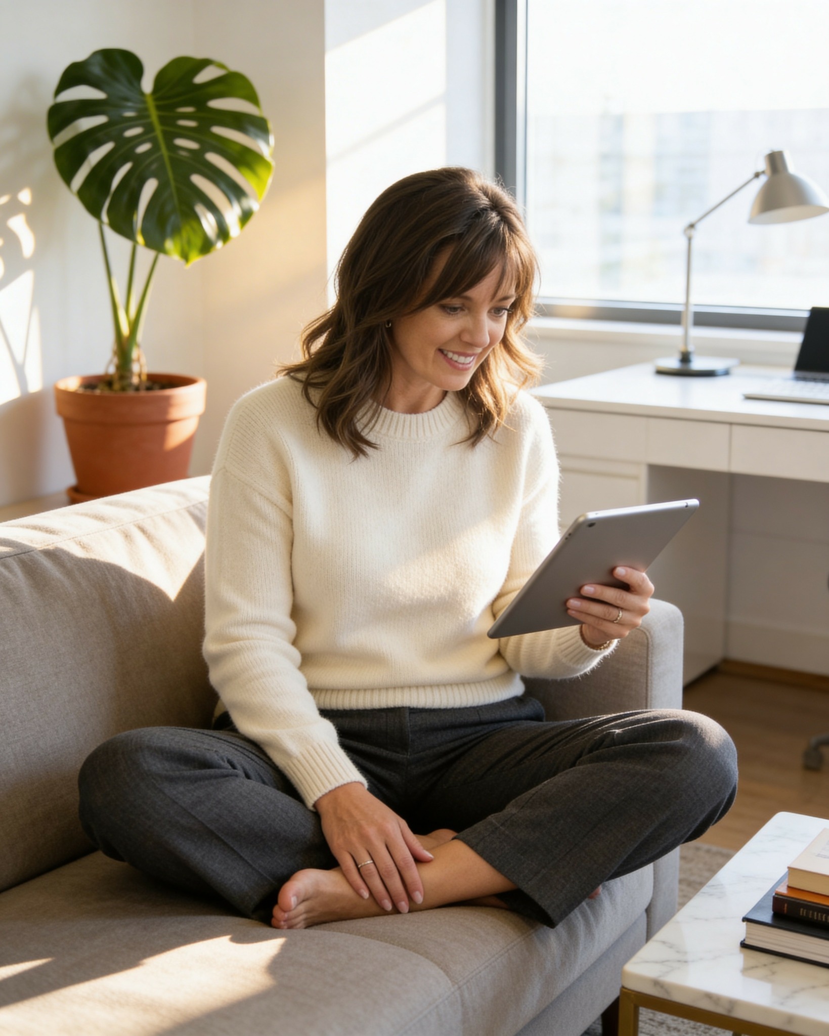 Woman sitting cross-legged on a sofa, smiling while looking at a tablet, in a bright room with a large window and a potted plant.