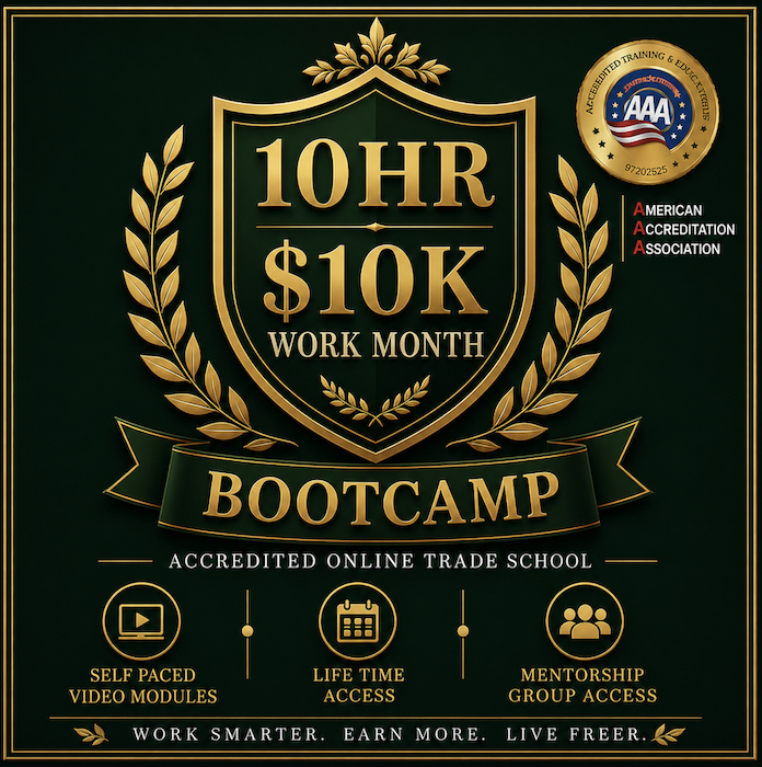 Gold shield with text, laurel wreath, and badges on dark green background, promoting a bootcamp and online trade school.