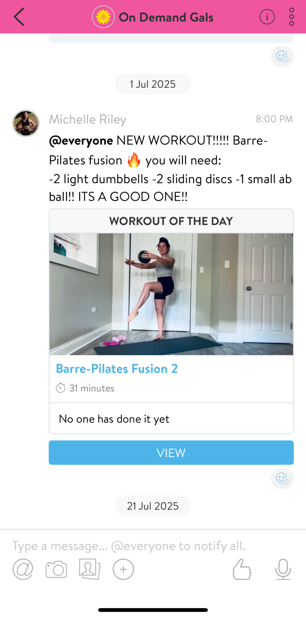Social media post about workout, showing a person doing a fitness move in a room, with text about Pilates fusion.