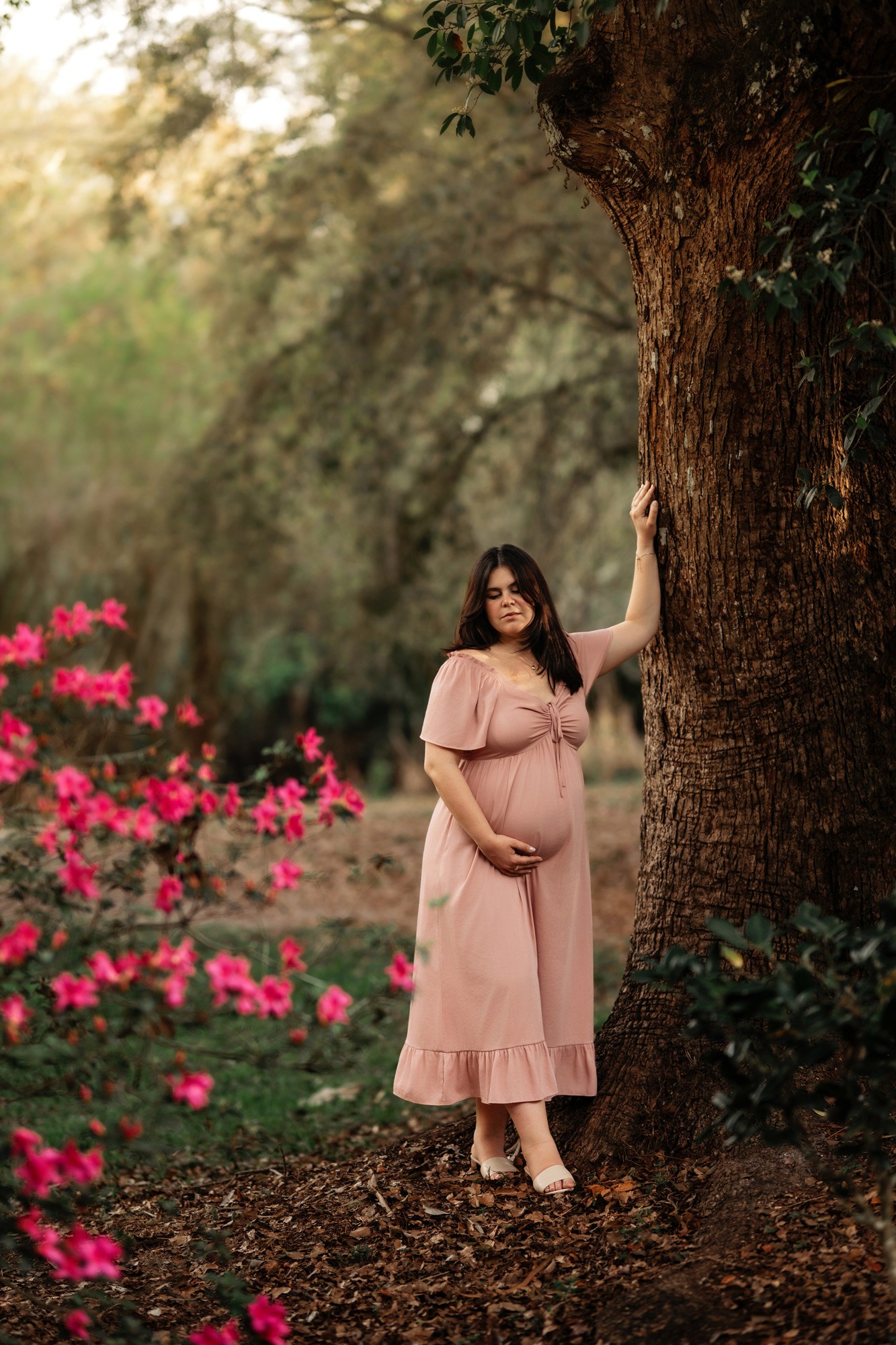 Pregnant woman in pink dress standing next to a large tree in a garden with pink flowers, holding the tree trunk.
