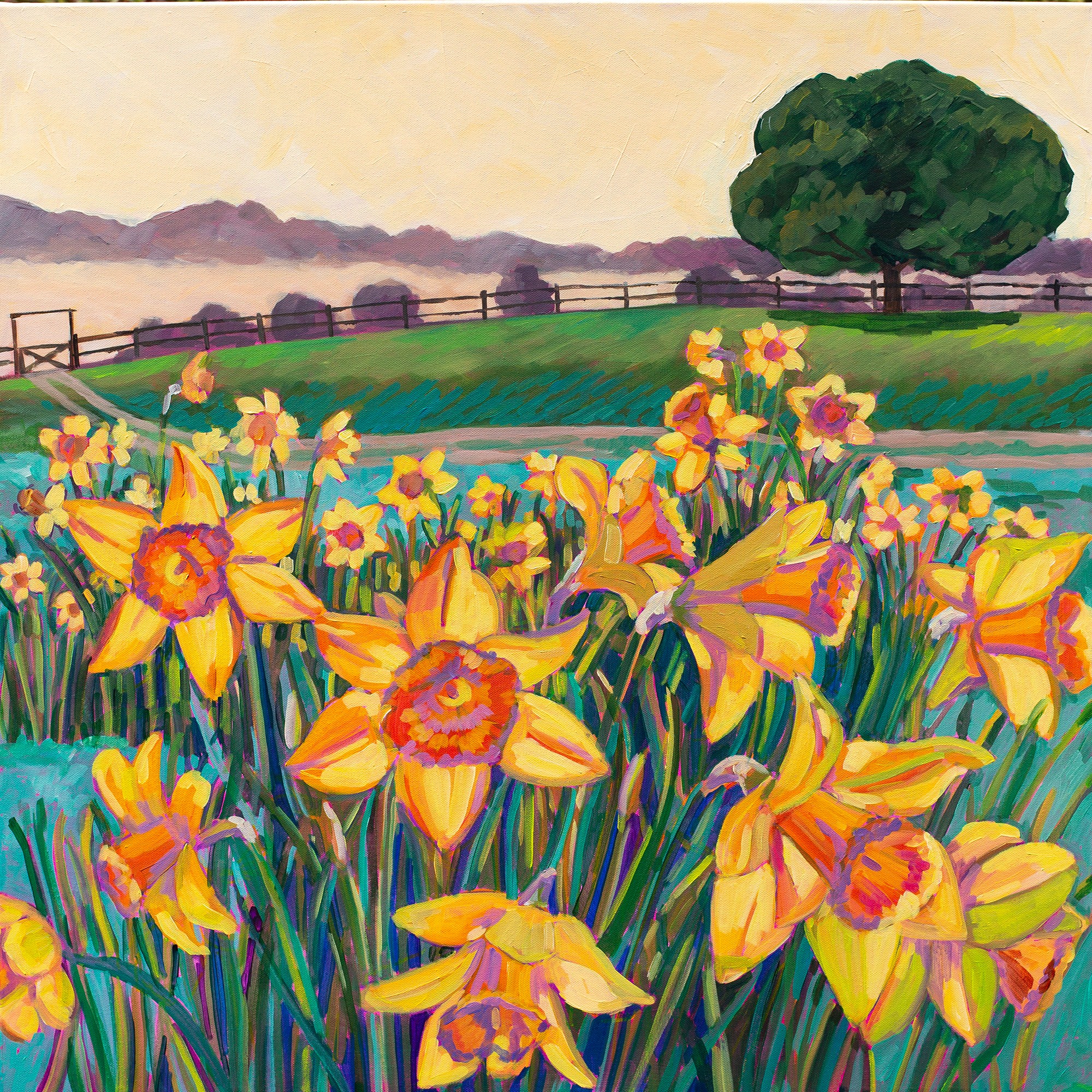 A vibrant painting of yellow and orange daffodils in a field with a green hill, tree, and fence in the background.