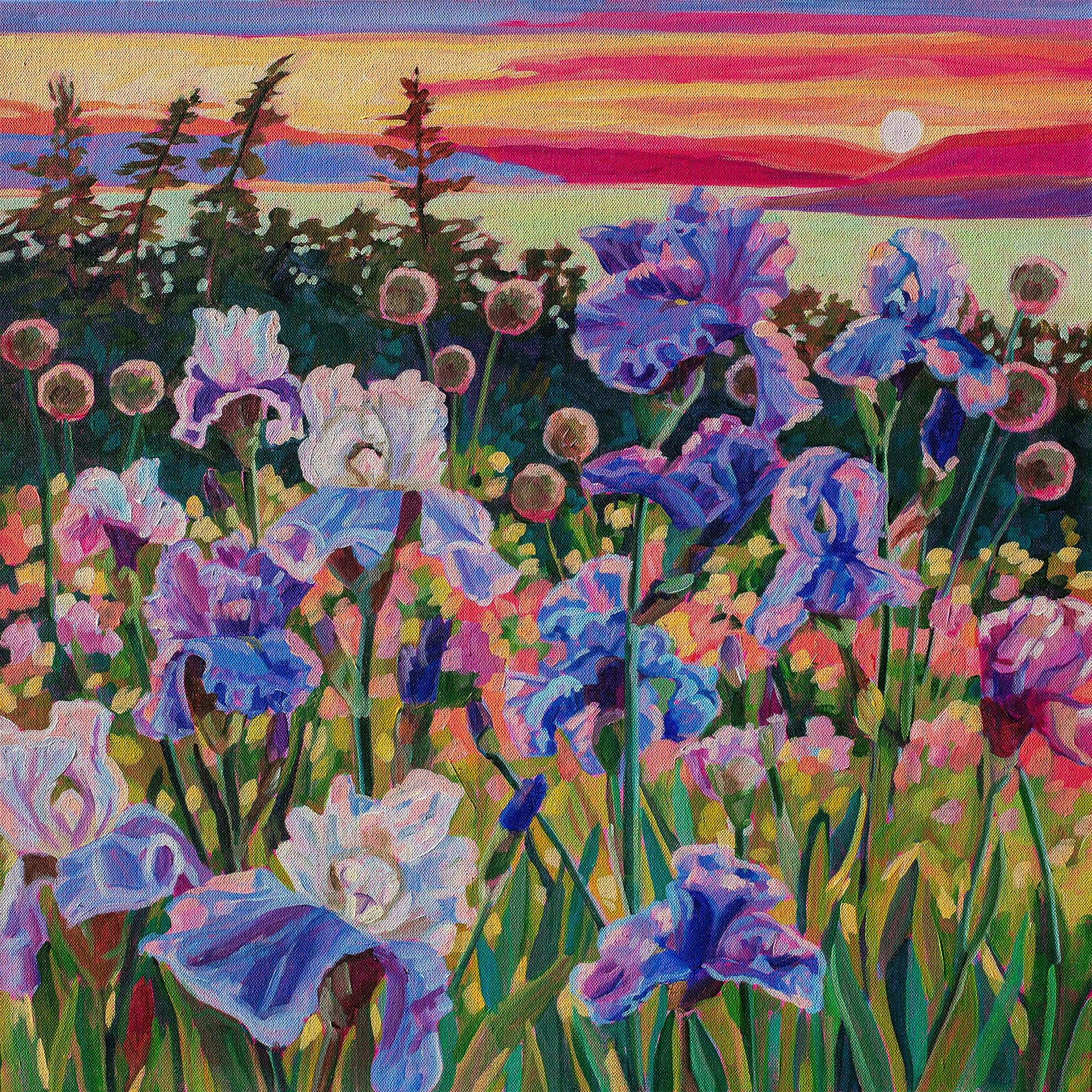 Colorful painting of a field of flowers with a sunset sky in the background, featuring pink, purple, and white blooms.