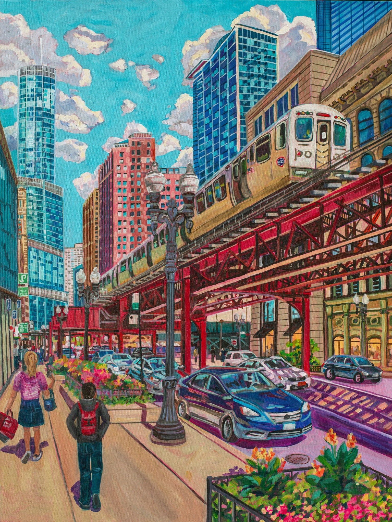 City scene with skyscrapers, elevated train, cars, and pedestrians on sidewalk, colorful flowers, and blue sky with clouds.