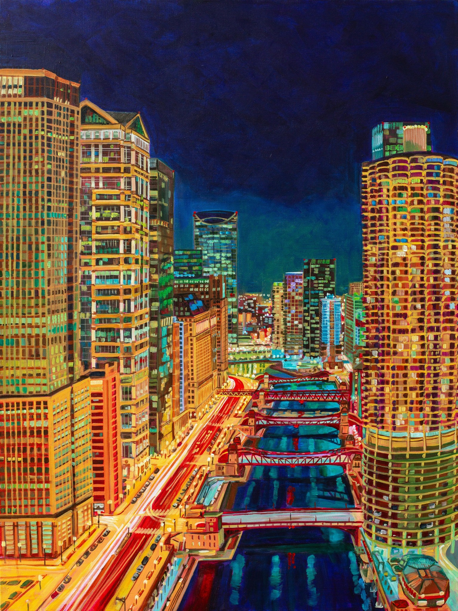Night cityscape with tall illuminated buildings, bridges over water, and busy streets with light trails.