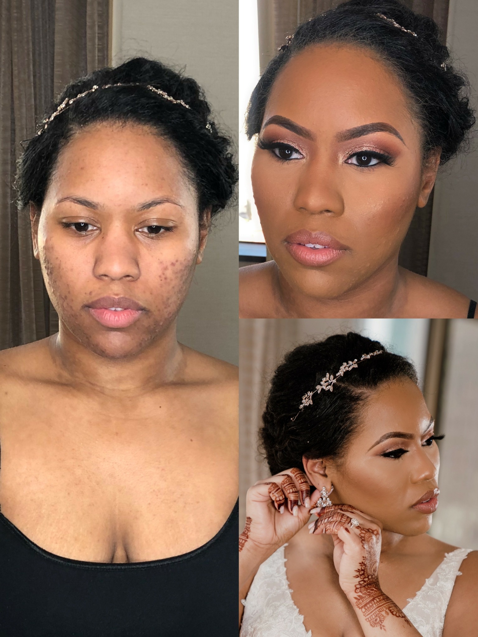 Sequence showing a woman before and after makeup application, with a close-up of her face and hairstyle, and her hand near her face.