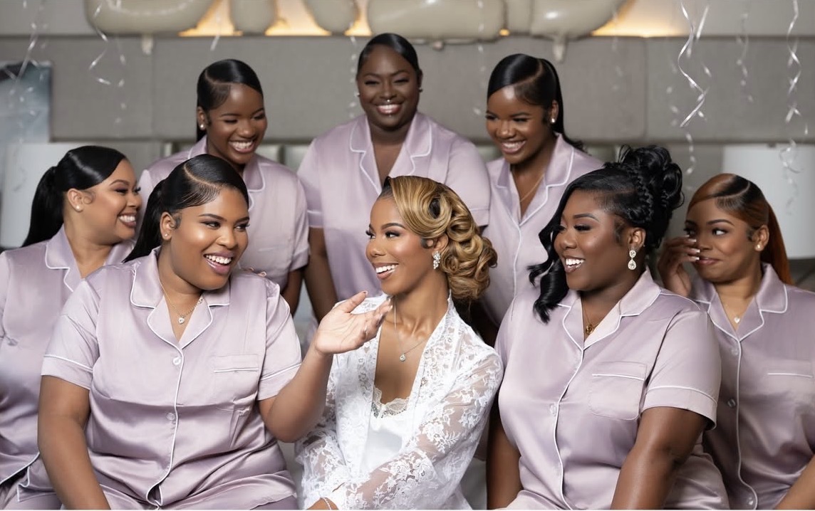 Group of women in matching light purple uniforms gathered around a woman in a white lace dress, smiling and celebrating.