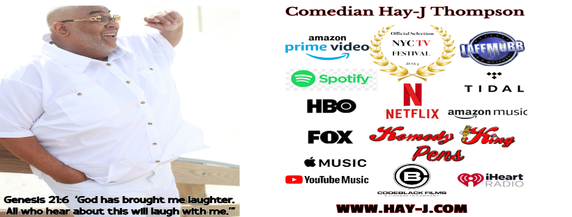 A collage of streaming service logos and a person with glasses, with text about comedian Hay-J Thompson and a quote.
