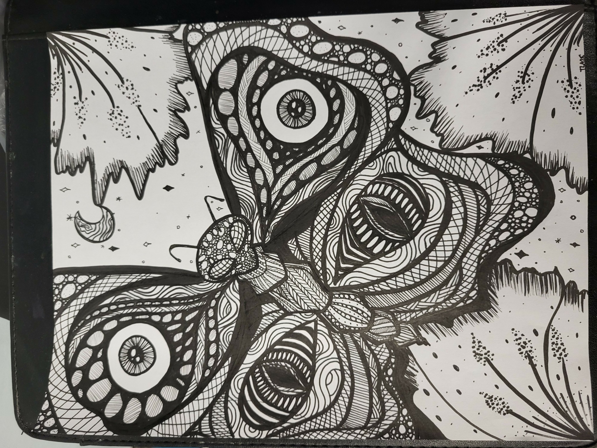 Black and white abstract butterfly with intricate patterns, surrounded by leaves and small decorative elements.