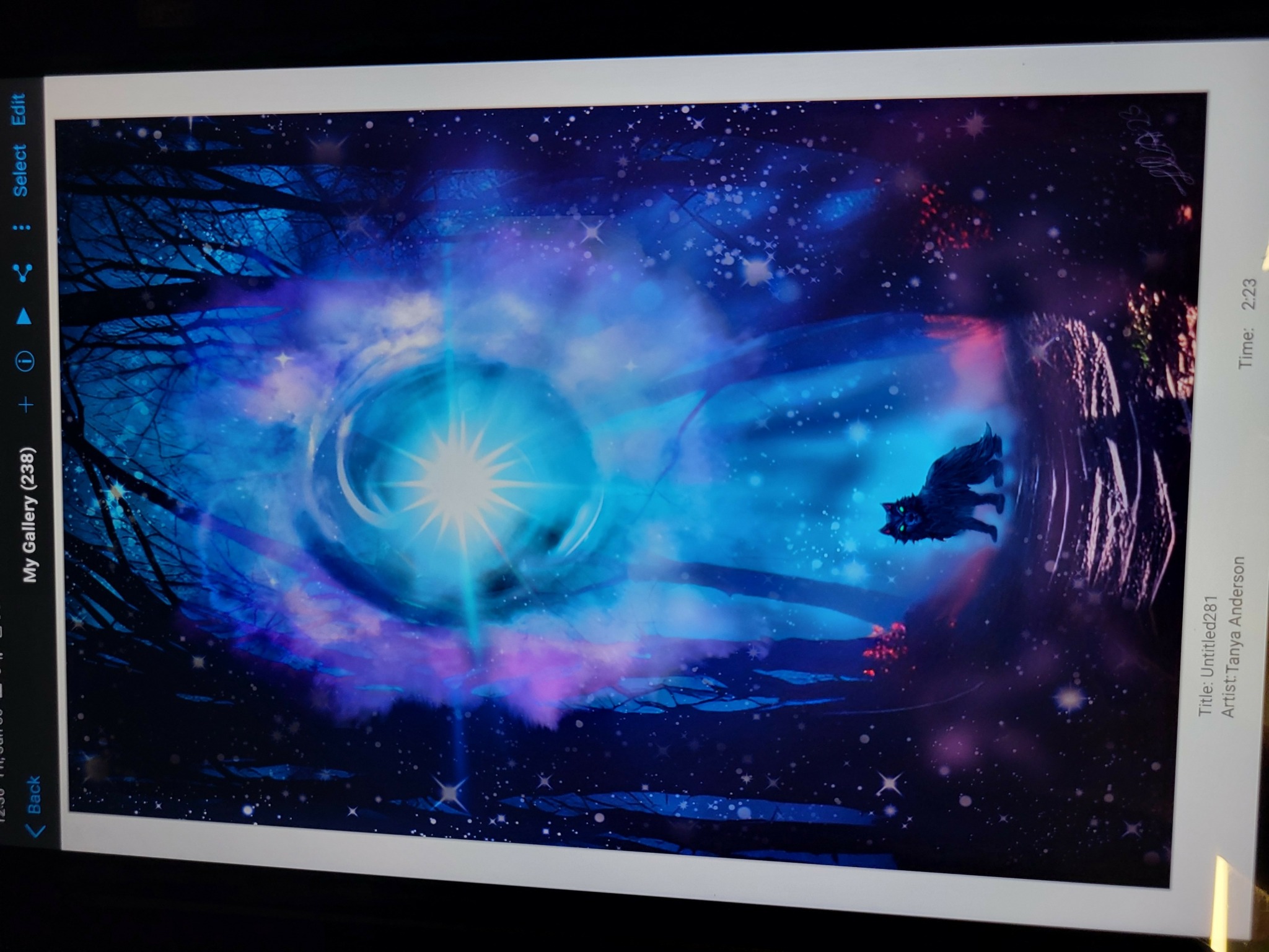 A cosmic scene with a bright star, colorful nebulae, and a silhouette of a person in a boat on water.
