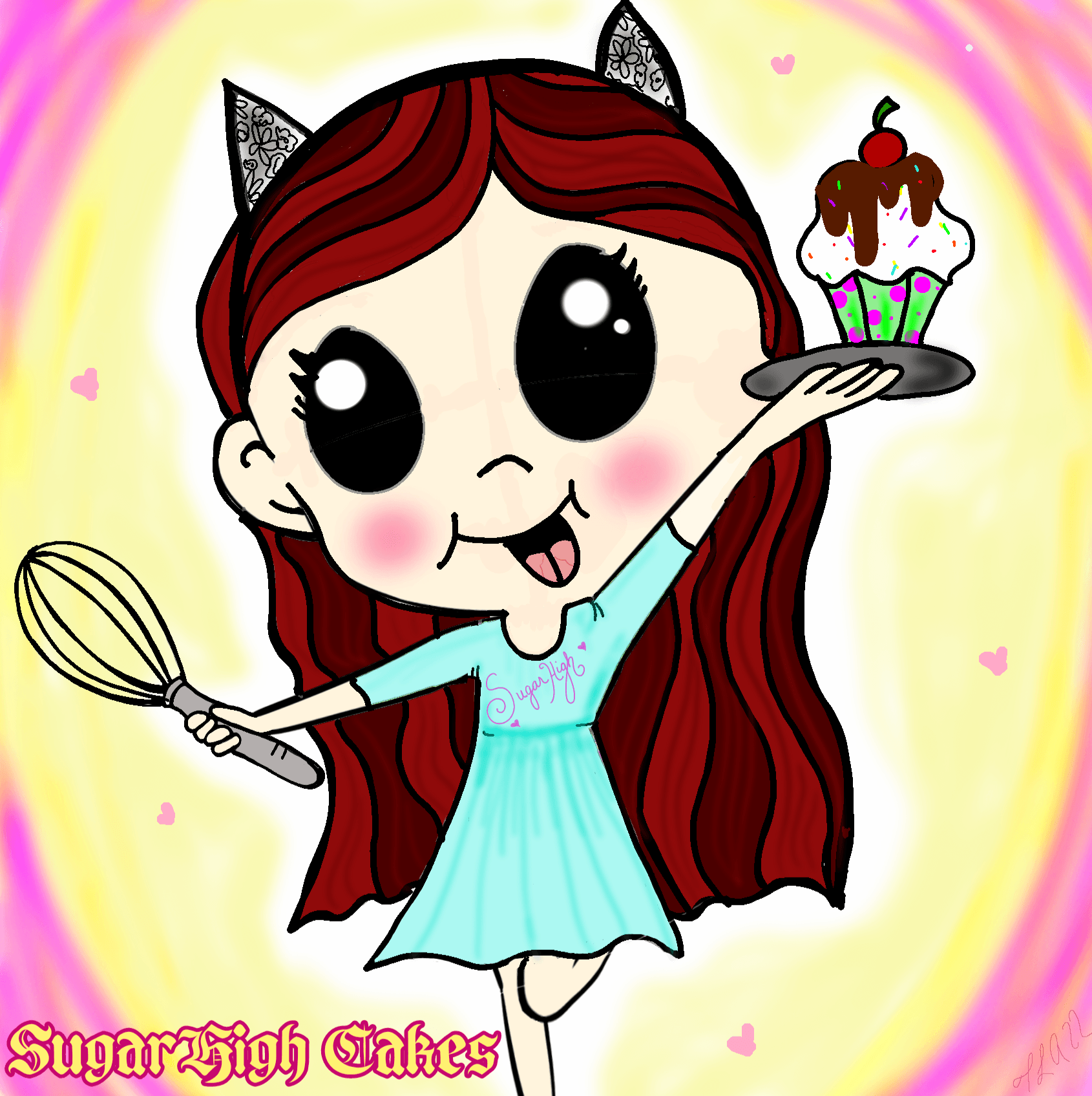 Cartoon girl with cat ears holding a whisk and a cupcake with cherry, smiling, pink background, hearts, colorful border.