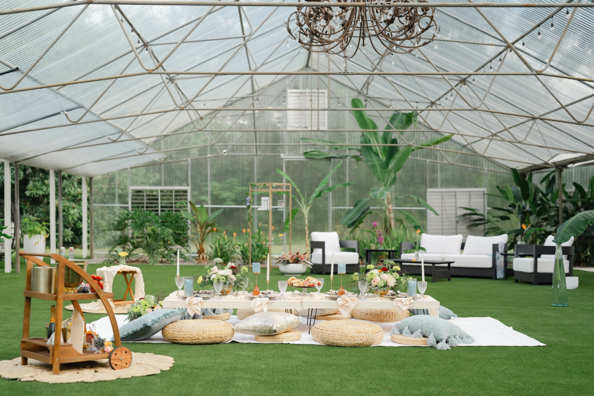 Indoor greenhouse with seating and a low table on green grass, surrounded by plants and trees, with a transparent ceiling.