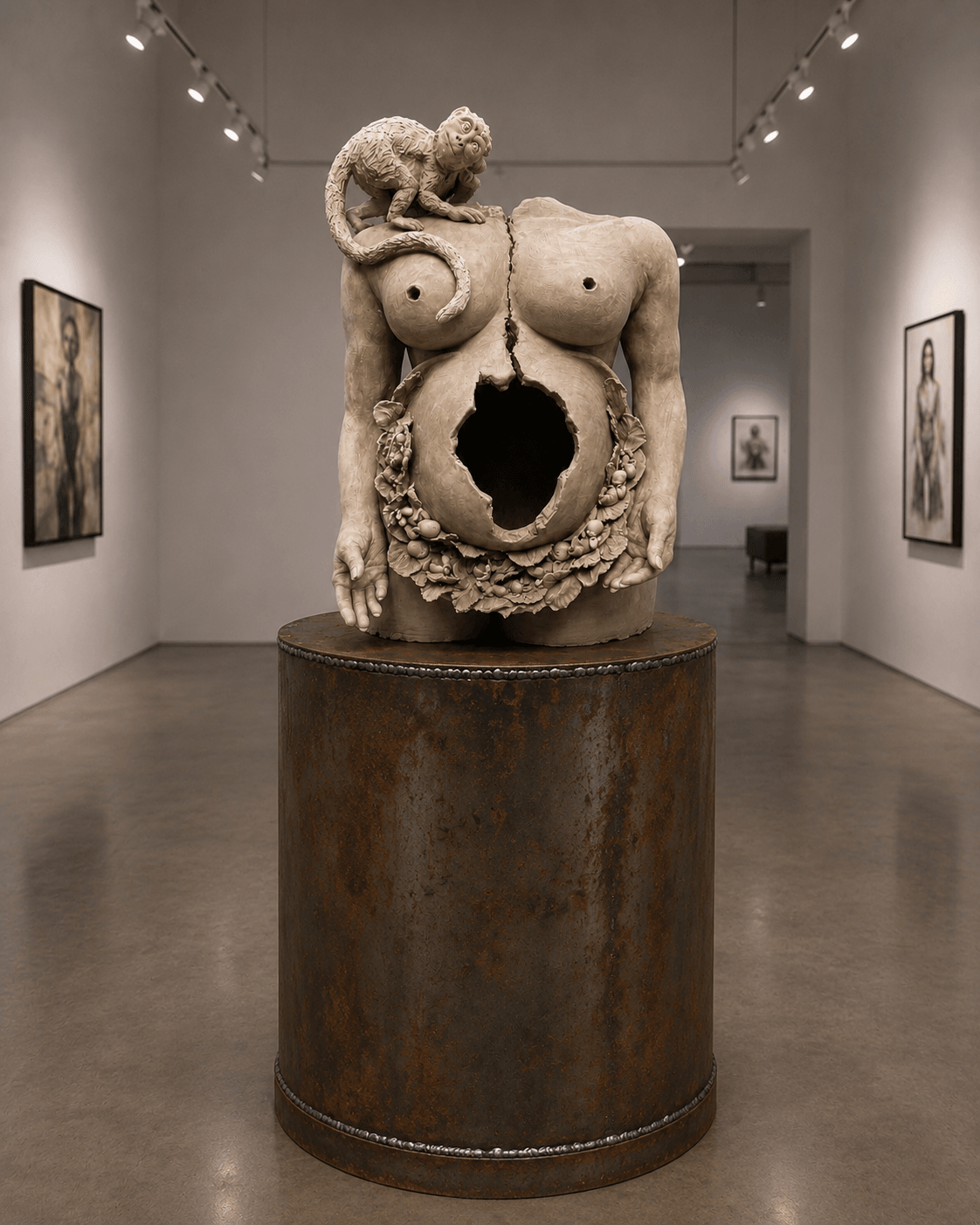 Sculpture of a distorted female torso with a large hole in the abdomen, displayed on a cylindrical pedestal in an art gallery.