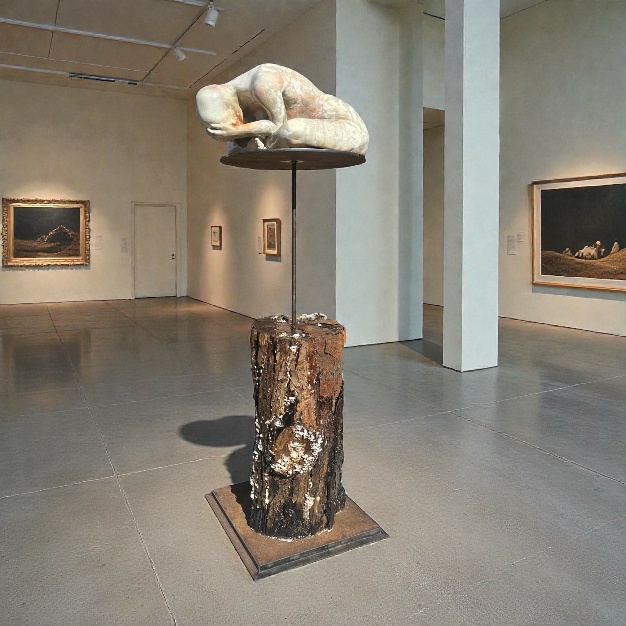 Sculpture of a curled figure resting on a platform, mounted on a tree trunk base in an art gallery.