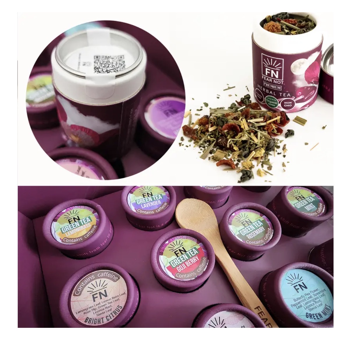 Open tea containers with loose tea leaves and a wooden spoon, arranged in a box, with a tea jar in the background.